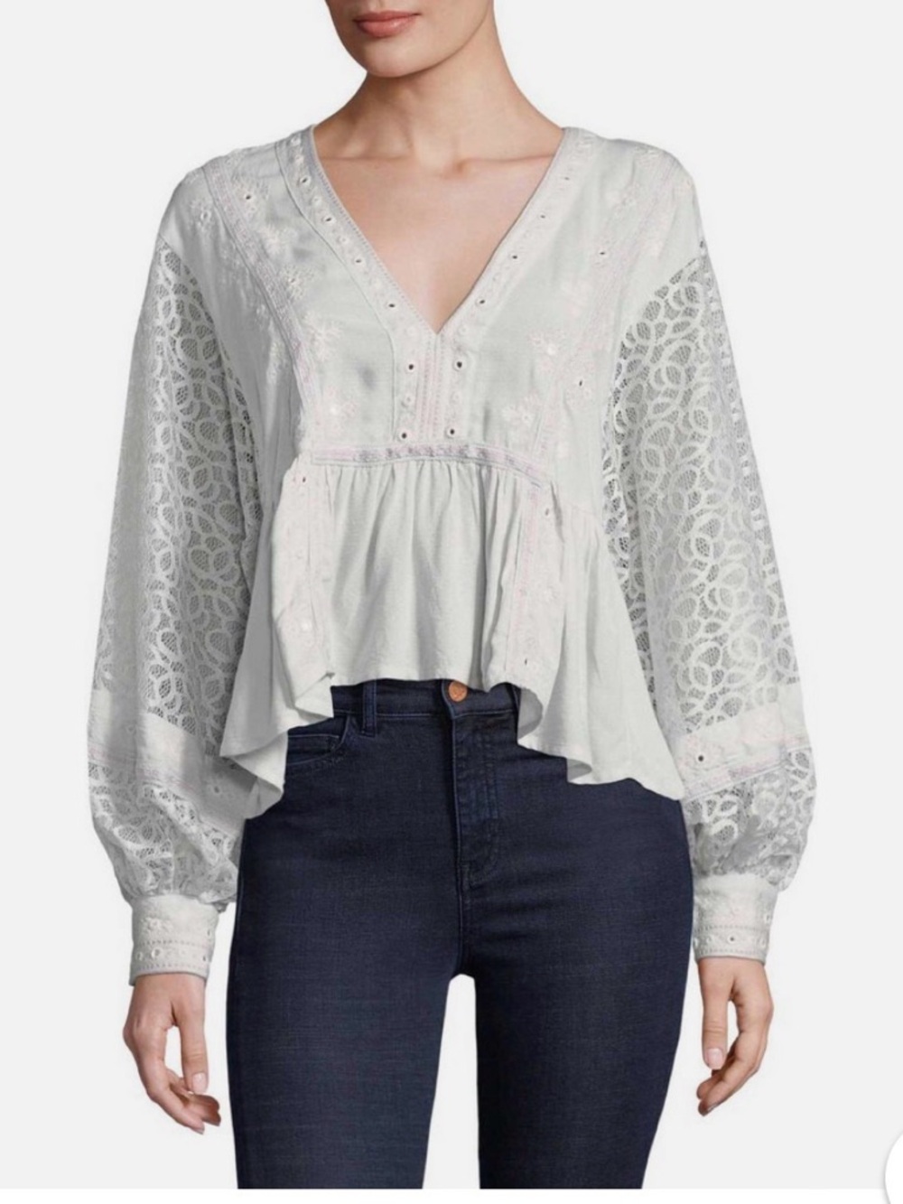 Free People Light Gray Lace Blouse